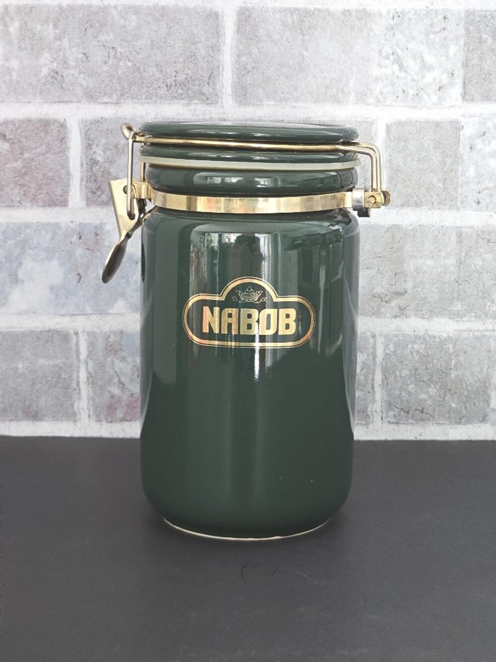 Vintage Nabob Green And Gold Ceramic Coffee Canister With Snap Lid Closure